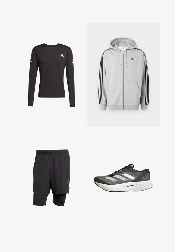 Gray zip-up hoodie with black three-stripe accent on sleeves, ribbed cuffs and hem, featuring a small black logo on the chest.; Black long-sleeve athletic shirt made of smooth fabric, featuring a round neck, reflective accents on sleeves, and a logo on the chest.; Black athletic shorts with integrated inner layer, made from breathable fabric. Features subtle logo and structured texture. Adjustable waistband.; Black and white athletic shoe with a mesh upper, features three white stripes, a prominent sole labeled "LIGHTSTRIKE PRO," and a streamlined design.