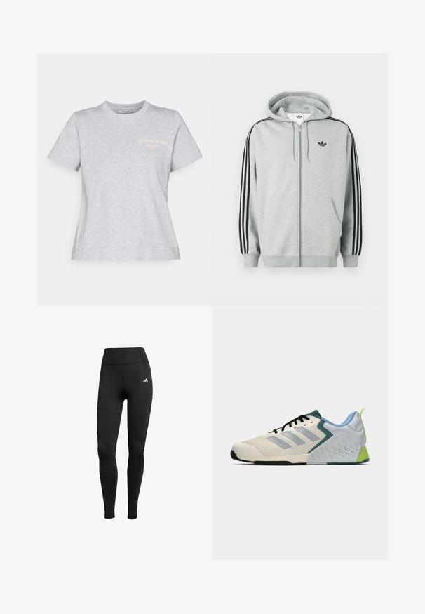 Pelēks rāvējslēdzēja džemperis ar melnu trīs svītru akcentu uz piedurknēm, ribveida aprocēm un apakšmalu, priekšpusē neliels melns logotips.; Pelēka kokvilnas T-krekls ar apaļu izgriezumu, īsām piedurknēm un rozā izdrukātu logo "BJÖRN BORG STOCKHOLM 1986" uz krūtīm.; Melni sporta legingi ar augstu jostas vietu. Izgatavoti no stiepjamām auduma šķiedrām, ar baltu logotipa detaļu augšējā kreisajā pusē.; Vieglie sporta apavi ar krēmkrāsas sietu augšdaļu, pelēkām svītrām, zaļu akcentu un teksturētu zilu papēdi. Melni šņorēšanas stieple.