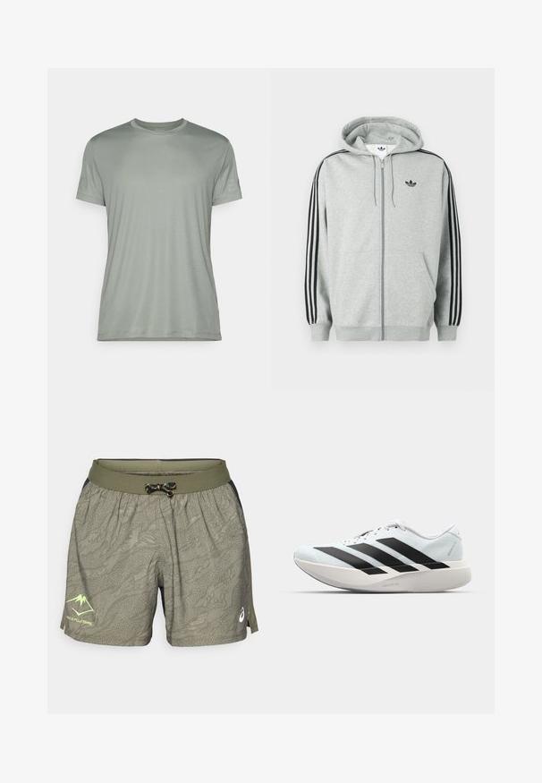 Gray zip-up hoodie with black three-stripe accent on sleeves, ribbed cuffs and hem, featuring a small black logo on the chest.; Light green short-sleeved t-shirt made from textured fabric, featuring a crew neckline and a discreet logo on the left sleeve.; Green patterned shorts with an elastic waistband and black side accents. Features a drawstring and a logo on the lower front.; Lightweight running shoes in pale blue with black stripes. Features a smooth upper, round toe, and thick white midsole labeled "LIGHTSTRIKE PRO."