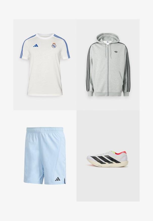 Gray zip-up hoodie with black three-stripe accent on sleeves, ribbed cuffs and hem, featuring a small black logo on the chest.; White Adidas T-shirt featuring blue stripes on shoulders, embroidered club logo on chest. Made of lightweight fabric, short sleeves.; Light blue athletic shorts made from lightweight material. Features an elastic waistband and black Adidas logo on the lower left side.; White running shoe with black stripes, neon green accents, and a red heel. Features a lightweight design and textured sole for grip.