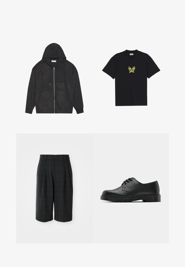 Haut à zip gris graphite avec capuche à cordon, texture côtelée et poches avant. Présente des manches longues et une coupe décontractée.; T-shirt en coton noir avec un petit graphique de papillon à motif flammes jaunes sur la poitrine. Encolure ronde, manches courtes.; Shorts taillés gris foncé, longueur genou, avec un subtil motif à carreaux et des passants de ceinture sur un fond blanc uni.; Chaussure oxford en cuir noir avec un design à lacets, bout rond, semelle en caoutchouc plate et détails de surpiqûre discrets le long du dessus.