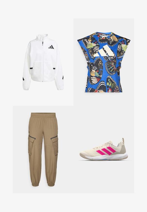 Biely zipský kabát vyrobený z mäkkej tkaniny, s vystuženým golierom, čiernymi akcentami a dizajnom loga na ľavej hrudi a rukávoch.; Modrá košeľa s krátkym rukávom s živým potlačou motýľa v rôznych farbách, s veľkým bielym logom na prednej strane a okrúhlym výstrihom.; Under Armour UNSTOPPABLE - Nohavice - bayou/black; Béžová atletická obuv s ružovým logom trojpruhov, textúrovaný sieťový zvršok, polstrovaný golier a biela gumová podrážka s označením "LIGHTSTRIKE".