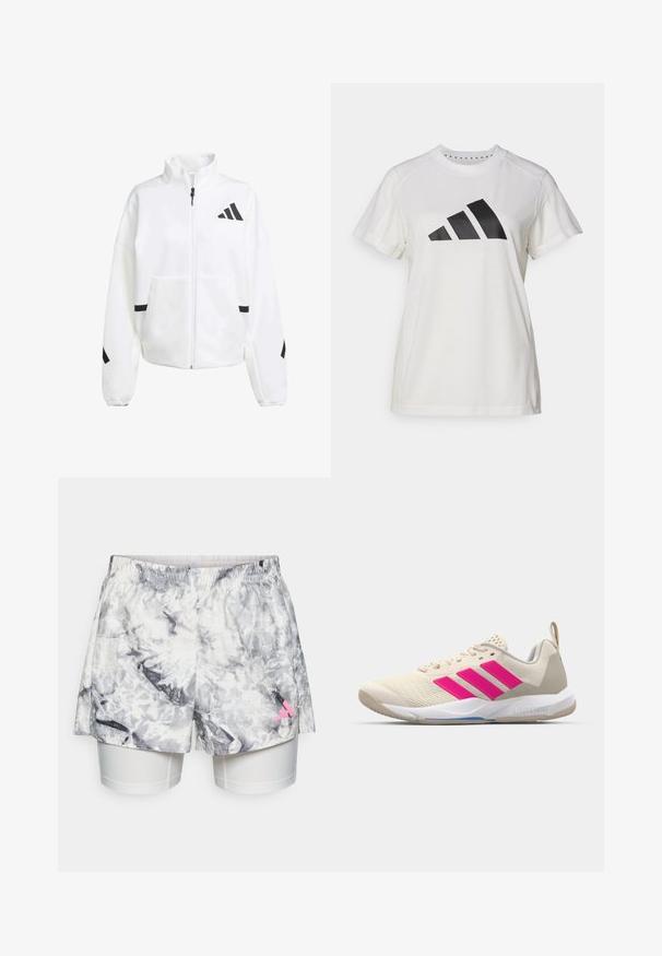 Chaqueta blanca con cremallera hecha de un tejido suave, con un cuello alzado, acentos negros y un diseño de logo en el lado izquierdo del pecho y en las mangas.; Camiseta atlética blanca de tejido suave. Presenta mangas cortas y un gran logotipo negro de Adidas con tres rayas debajo.; Bañador con un patrón abstracto en gris y blanco, que presenta una cinturilla elástica, forro interior y un acento de logo en rosa en el costado.; Zapatilla deportiva beige con logo de tres rayas rosa, parte superior de malla texturizada, cuello acolchado y suela de goma blanca, con la marca "LIGHTSTRIKE".