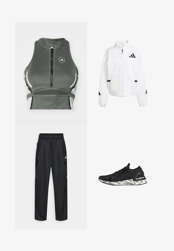 Bílá zipová bunda vyrobená z měkké tkaniny, s vysokým límcem, černými akcenty a designem loga na levé hrudi a rukávech.; Sportovní zelený crop top vyrobený z elastického materiálu, s předním zipem, lehkým designem, bílými akcenty a kulatým logem.; Černé sportovní kalhoty s záhyby, elastickým pasem a postranními pruhy. Vyrobené z hladké tkaniny, s bílým logem Adidas.; Černá sportovní bota s texturovaným textilním svrškem, gumovou špičkou a bílou podešví s vzorem. Obsahuje bezpečný systém šněrování a podpůrný pásek na patě.