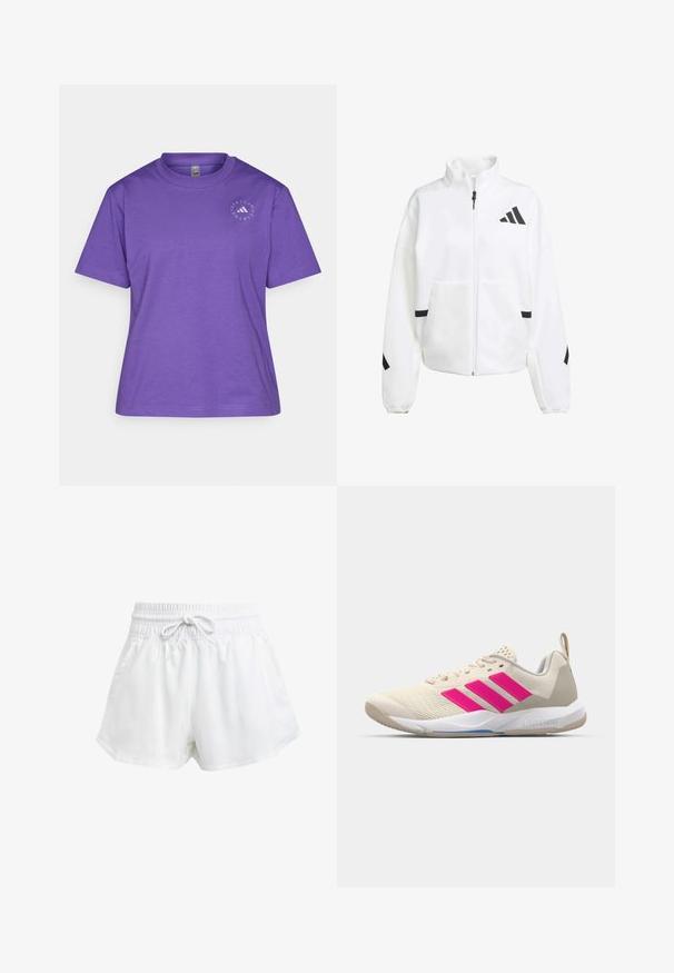 Valkoinen vetoketjullinen takki, joka on valmistettu pehmeästä kankaasta. Tässä takissa on korkea kaulus, mustat yksityiskohdat sekä logo suunnittelu vasemmassa rinnassa ja hihoissa.; Violetti puuvillapaita, jossa on pyöreä kaula-aukko, lyhyet hihat ja pyöreä logo design vasemmalla puolella rintaa.; Valkoiset urheilushortsit, joissa on joustava vyötärö ja säädettävä nyöri. Kevyestä materiaalista valmistettu, sivutaskut ja väljä istuvuus.; Beige urheilujalkine, jossa on vaaleanpunainen kolmonen-striippi-logo, teksturoitu verkko-yläosa, pehmustettu kaulus ja valkoinen kumipohja, jossa on "LIGHTSTRIKE" -brändäys.