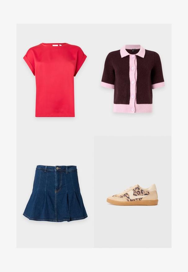 Cardigan a maniche corte in maglia marrone scuro, con colletto e pattina a bottoni rosa chiaro, e orlo e polsini a contrasto rosa.; Maglietta rossa a maniche corte realizzata in materiale liscio, con scollatura rotonda e maniche arrotolate, caratterizzata da una vestibilità comoda e senza motivi visibili.; Gonna di jeans blu scuro, caratterizzata da un design plissettato, cinque tasche, chiusura frontale con bottoni e dettagli di cucitura a contrasto.; Sneakers in stampa leopardata con parte superiore in suede beige, suola in gomma color caramello e dettagli bianchi. Punta rotonda e design con lacci, con una finitura testurizzata.