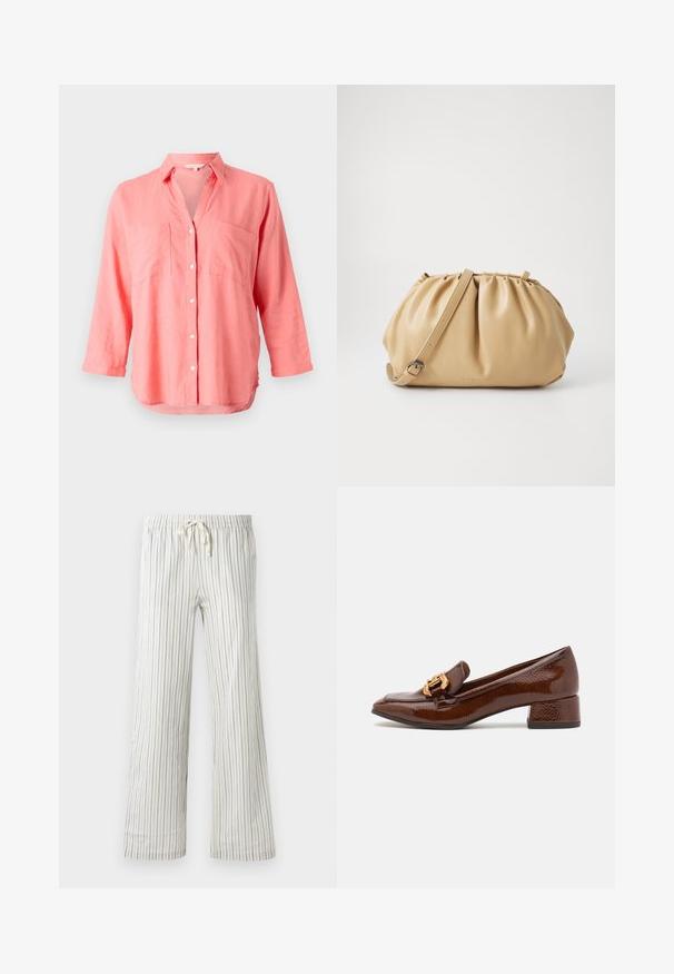 Light gray knitted cardigan with an open front, drop shoulders, and ribbed cuffs. Soft texture with a subtle heather pattern.; Coral linen shirt with a notched collar, button-front closure, and two chest pockets. Features long sleeves and a slightly curved hem.; White drawstring pants with thin vertical blue stripes and an elastic waistband, shown front-facing on a plain background.; Brown leather loafers with a glossy finish, featuring a decorative gold buckle on the front and a low block heel. Classic design.; Tan leather handbag with a pleated design, adjustable strap, and a rounded shape. Minimalistic branding on the front surface.