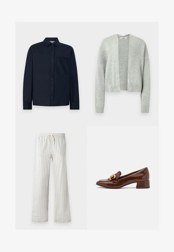 Světle šedý pletený cardigan s otevřeným předním dílem, spadlými rameny a žebrovanými manžetami. Měkká textura s jemným melírováním.; Námořnická košile s dlouhým rukávem z hladkého materiálu, s předním zapínáním na knoflíky, klasickým límcem a náprsní kapsou na levé straně.; Bílé kalhoty na šňůrku s tenkými vertikálními modrými pruhy a elastickým pasem, zobrazené čelním pohledem na jednobarevném pozadí.; Hnědé kožené mokasíny s lesklým povrchem, se zdobnou zlatou sponou na přední straně a nízkým blokovým podpatkem. Klasický design.