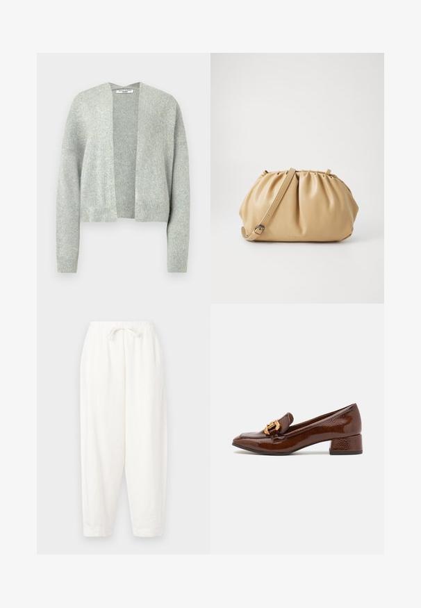 Svetlošedý pletený kardigán s otvoreným predným dielom, spadnutými ramenami a rebrovanými manžetami. Mäkka textúra s jemným melírovaným vzorom.; Biela dámska bavlnená tričko s dlhým rukávom a okrúhlym výstrihom, vystavené na jednoduchom bielom pozadí.; Biele, voľné nohavice vyrobené z ľahkej látky. Obsahujú elastický pás so šnúrkou a zúžené manžety na členkoch.; Hnedé kožené loafers s lesklým povrchom, s dekoratívnym zlatým prackom na prednej strane a nízkym blokovým podpätkom. Klasický dizajn.; Hnedá kožená kabelka s plisovaným dizajnom, nastaviteľným popruhom a zaobleným tvarom. Minimalistické logo na prednej strane.