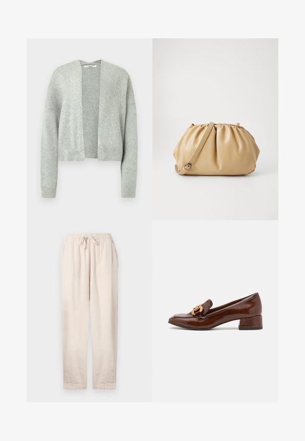 Lichtgrijze gebreide cardigan met een open voorkant, drop schouders en geribde manchetten. Zachte textuur met een subtiele heatherpatroon.; Witte dames lange mouw katoenen t-shirt met ronde hals, weergegeven op een eenvoudige witte achtergrond.; Beige linnen broek met een elastische tailleband en een trekkoord. Beschikt over twee zijzakken en heeft een ontspannen pasvorm met rechte benen.; Bruine leren loafers met een glanzende afwerking, met een decoratieve gouden gesp aan de voorkant en een lage blokhak. Klassiek ontwerp.; Tan leren handtas met een geplooid ontwerp, verstelbare schouderriem en een ronde vorm. Minimalistische branding op het vooroppervlak.