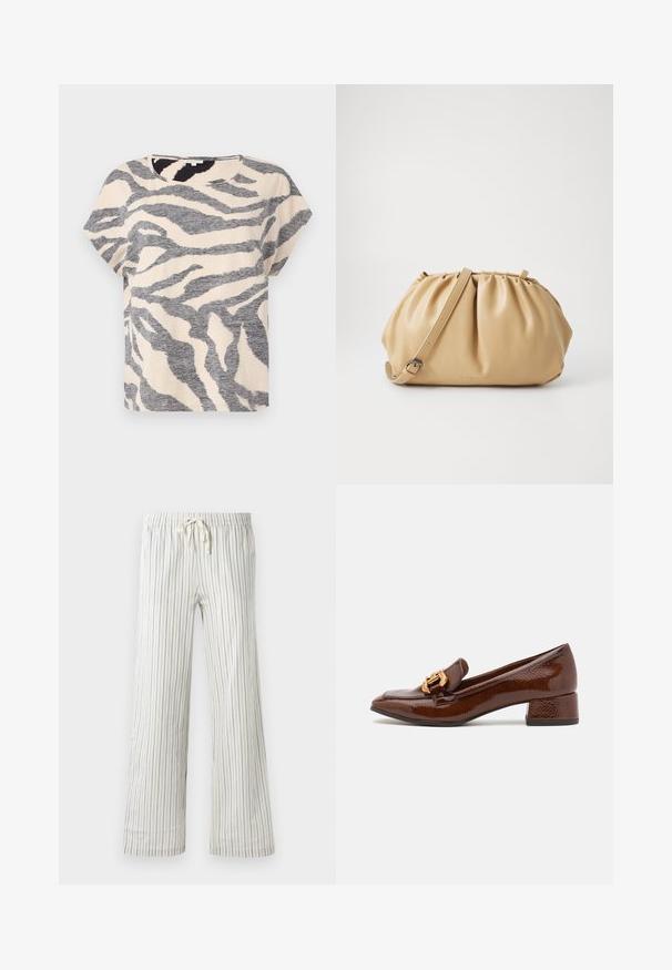 Svetlošedý pletený kardigán s otvoreným predným dielom, spadnutými ramenami a rebrovanými manžetami. Mäkka textúra s jemným melírovaným vzorom.; Krátky rukáv tričko v béžovej farbe s šedými zebrovými pruhmi, okrúhlym výstrihom a mäkkou, textúrovanou látkou. Voľný strih s uvoľnenou siluetou.; Biele nohavice so sťahovacou šnúrkou a tenkými vertikálnymi modrými pruhmi, zobrazené z prednej strany na jednolatom pozadí.; Hnedé kožené loafers s lesklým povrchom, s dekoratívnym zlatým prackom na prednej strane a nízkym blokovým podpätkom. Klasický dizajn.; Hnedá kožená kabelka s plisovaným dizajnom, nastaviteľným popruhom a zaobleným tvarom. Minimalistické logo na prednej strane.