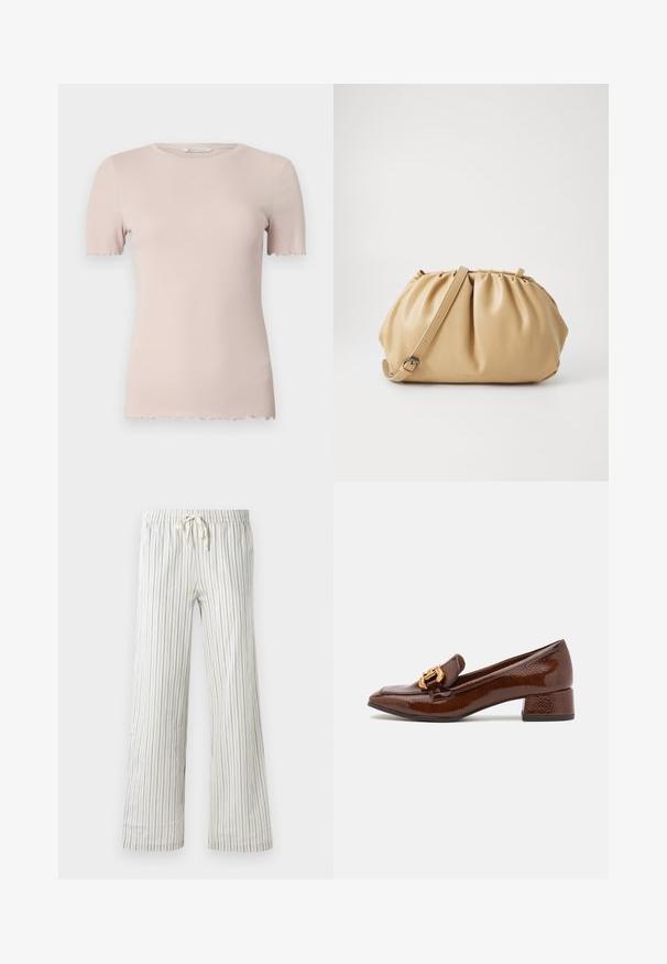 Gaišpelēka adīta kardigāna ar atvērtu priekšpusi, kritušām plecu daļām un ribu aprocēm. Mīksta tekstūra ar smalku heather rakstu.; Gaiši rozā ribota t-krekls ar īsām piedurknēm, apaļu kakla izgriezumu un viļņotu apakšmalu. Izgatavots no mīksta, elastīga materiāla, kas nodrošina komfortu.; Baltas pievilkšanas bikses ar šauriem vertikāliem ziliem svītrām un elastīgu jostu, rādītas priekšpuses skatījumā uz vienkārša fona.; Brūni ādas mokasīni ar spīdīgu apdari, ar dekoratīvu zelta sprādzi priekšpusē un zemu blokveida papēdi. Klasisks dizains.; Brūns ādas soma ar krokotu dizainu, regulējamu siksnu un noapaļotu formu. Minimālistiska zīmola atzīme uz priekšpuses.