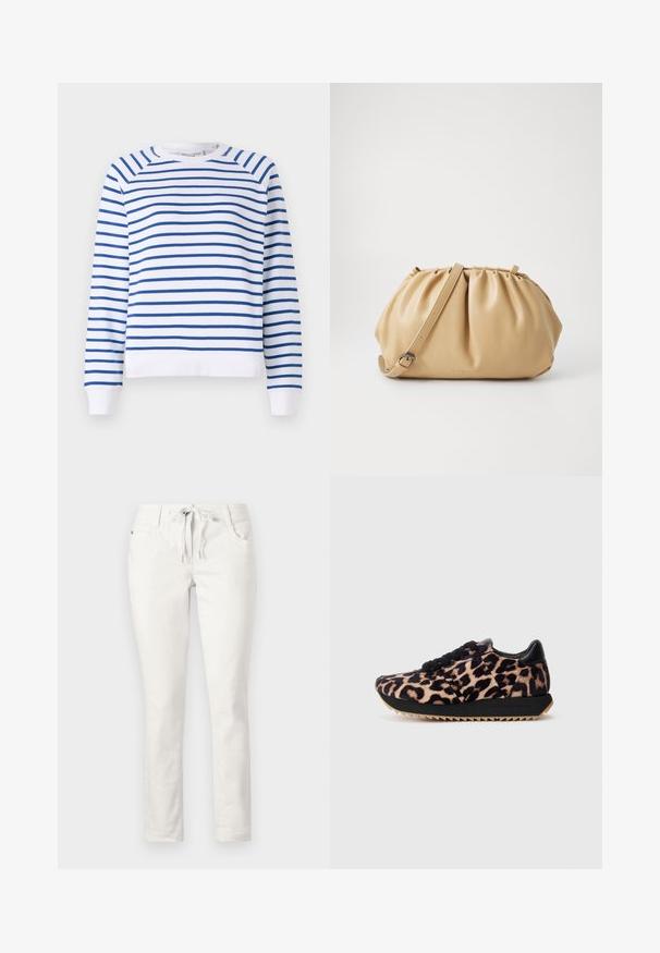 Lys grå strikket cardigan med åpen front, falle skuldre og ribbestrikkede mansjetter. Myk tekstur med et subtilt melert mønster.; Hvit genser med blå horisontale striper, rund halslinning og ribbede mansjetter. Laget av myk bomullsblanding.; Hvit, slim-fit bukser med snøring i taljen, frontlommer og en glatt tekstur. Egnet for uformell bruk eller avslappede omgivelser.; Sko med leopardmønster med svart lærhelt og snøring, strukturert overdel og tannete gummisåle for godt gripe.; Brun lærveske med plisse-design, justerbar stropp og avrundet form. Minimalistisk merkevare på frontflaten.