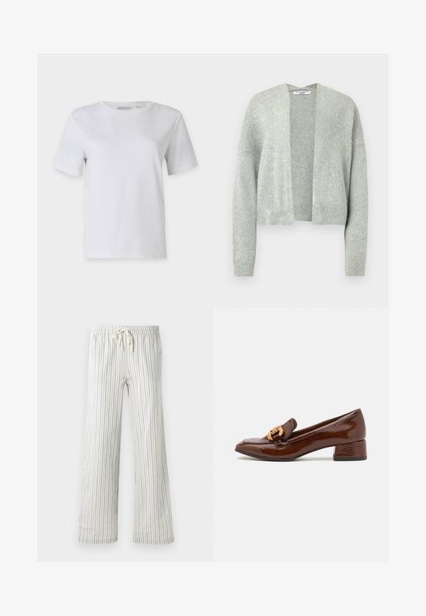 Cardigan de punto gris claro con frente abierto, hombros caídos y puños acanalados. Textura suave con un sutil patrón jaspeado.; Camiseta blanca de manga corta hecha de algodón suave. Presenta un cuello redondo y dobladillo recto, sin patrones ni adornos.; Pantalones blancos con cordón y finas rayas verticales azules, con cintura elástica, mostrados de frente sobre un fondo liso.; Mocasines de cuero marrón con un acabado brillante, que presentan una hebilla decorativa dorada en la parte frontal y un tacón bajo tipo bloque. Diseño clásico.