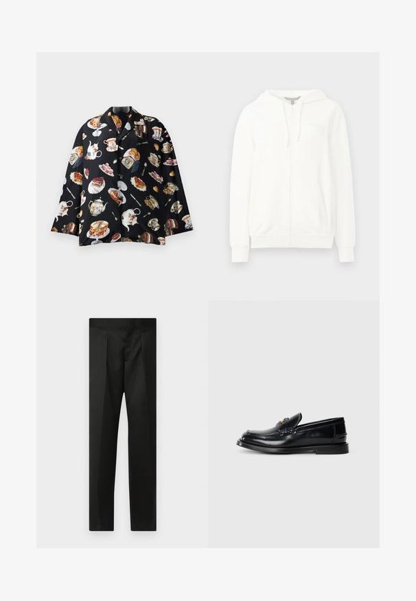 Fehér cipzáros kapucnis pulóver, puha anyagból készült, kapucnija van, két elülső zsebbel, bordázott mandzsettákkal, és egy apró logóval a bal mellen.; Fekete póló, amelyen teáskannák, torták és péksütemények ismétlődő mintázata látható. Az anyag lágy és sima, rövid ujjú, gombokkal ellátva.; Fekete nadrág sima anyaggal, testhezálló fazonnal, egyenes lábakkal és lapos derékkal, látható zárak vagy zsebek nélkül.; Fekete bőr loaferek, varrott mintával, kis elülső hajtókával és lapos gumitalppal. Simább textúra aranyszínű hardware kiemeléssel.