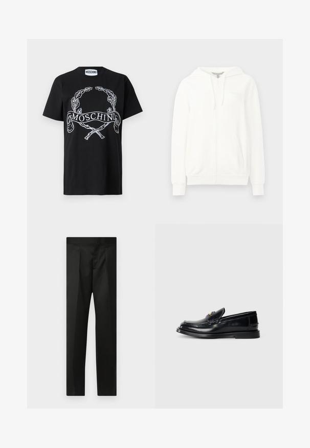 Hvid zip-up hoodie lavet af blødt stof, med en hætte, to forlommer, ribbede manchetter og et lille logo på venstre bryst.; Sort bomulds T-shirt med en hvid broderet laurbærkrans og bånd med "MOSCHINO" tekst. Standard rund hals og korte ærmer.; Sorte bukser med en glat stof, skræddersyet design, lige ben og en flad talje uden synlige lukninger eller lommer.; Sort læderloafers med stikninger, lille forsideklap og flad gummisål. Glat overflade med hardware i guldtoner.