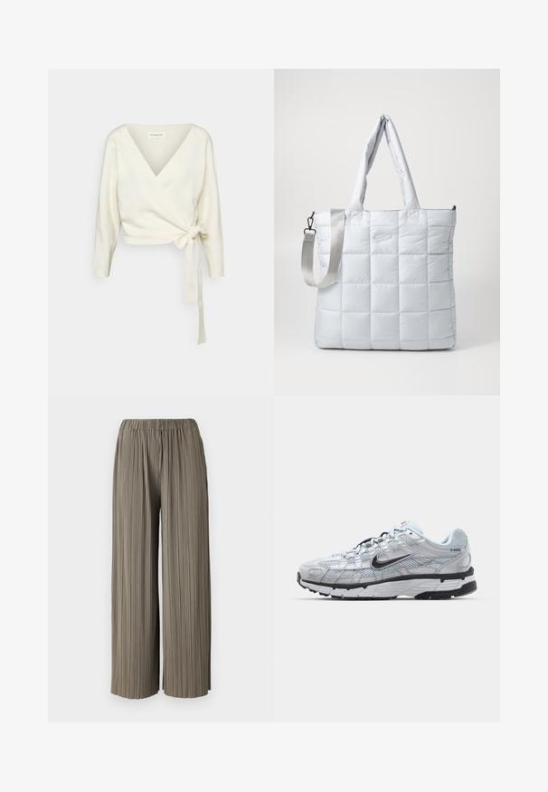 Biały sweter w stylu kopertowym, wykonany z miękkiego, teksturowanego materiału. Posiada głęboki dekolt w serek oraz długie rękawy z wiązaniem w talii.; Brązowy krótki t-shirt z krótkim rękawem, wykonany z miękkiego materiału, z okrągłym dekoltem i starannym szyciem, bez wzorów ani akcentów.; Faldowane szerokie spodnie w stonowanej oliwkowej zieleni z elastycznym pasem. Tkanina ma gładką teksturę i wyraźne pionowe linie.; Nike P-6000 sneakers z jasnoszarym siateczkowym wierzchem, czarnymi akcentami i trwałą czarną gumową podeszwą. Charakteryzują się skomplikowanym wzornictwem i systemem sznurowania.; Pikowana jasnoszara torba na ramię z dwoma rączkami na ramię i odczepianym paskiem na ramię, charakteryzująca się gładką, wyściełaną teksturą i subtelnym detalem logo.