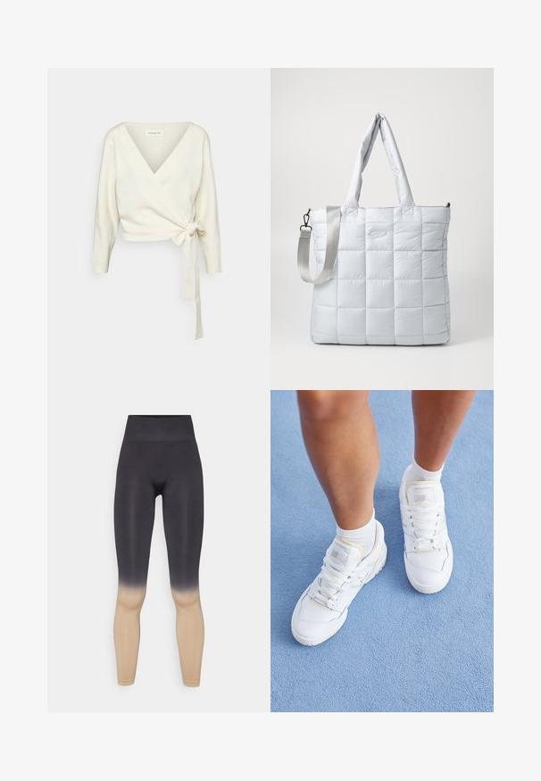 Weißer, Wickel-Style Pullover aus weichem, strukturiertem Material. Hat einen tiefen V-Ausschnitt und lange Ärmel mit einer Bindegarnitur an der Taille.; Braunes kurzärmliges, tailliertes T-Shirt aus weichem Stoff, mit einem runden Halsausschnitt und sauberer Nahtführung ohne Muster oder Akzente.; Schwarze und beigetöne Ombre-Leggings mit hohem Bund. Hergestellt aus einem dehnbaren Material, das eine glatte Textur und eine enganliegende Passform bietet.; Beine, die weiße New Balance Turnschuhe und weiße Socken tragen, stehen auf einem hellblauen strukturierten Boden.; Gepolsterte, hellgraue Tragetasche mit zwei Schultertragegriffen und einem abnehmbaren Schultergurt, ausgestattet mit einer glatten, gepolsterten Textur und einem dezenten Logodesign.