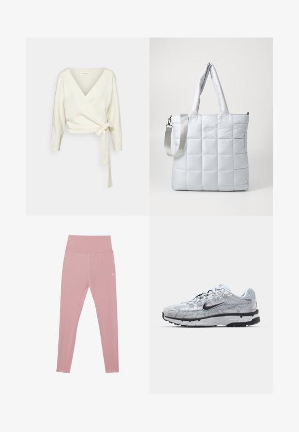White, wrap-style sweater made of soft, textured fabric. Features a deep V-neck and long sleeves with a tie detail at the waist.; Brown short-sleeve cropped T-shirt made of soft fabric, featuring a round neckline and clean stitching without patterns or accents.; Pink, high-waisted leggings made from stretchy fabric, featuring a smooth texture and a small logo detail at the waist.; Nike P-6000 sneakers with a light grey mesh upper, black accents, and a durable black rubber sole. Features intricate design and lacing system.; Quilted light grey tote bag with two shoulder handles and a detachable crossbody strap, featuring a smooth, padded texture and subtle logo detail.