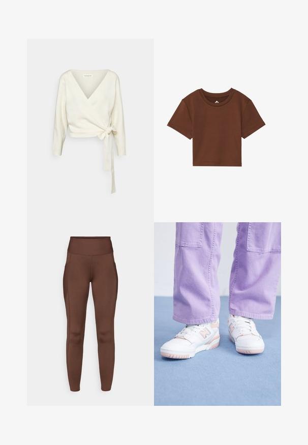 White, wrap-style sweater made of soft, textured fabric. Features a deep V-neck and long sleeves with a tie detail at the waist.; Brown cropped t-shirt with a round neck, short sleeves, and a smooth fabric texture. Features minimal branding on the neckline.; Brown stretchy leggings with a high waistband, featuring side pockets and smooth texture. Seam detail enhances shape.; White sneakers with pink accents, textured leather upper, and rubber sole, paired with light purple wide-leg pants on a blue surface.