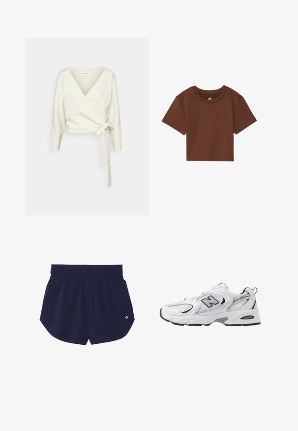 Hvit, innpakningsstil genser laget av myk, teksturert stoff. Har en dyp V-hals og lange ermer med et beltedetalj i midjen.; Brun kort T-skjorte med rund hals, korte ermer og glatt stofftekstur. Har minimal merkevarelogo på halskanten.; Marineblå atletiske shorts med elastisk midjebånd, to sidelommer og en liten logo på nedre høyre side. Glatt tekstur og avslappet passform.; Hvit sportsko med mesh-overdel, marineblå accenter og polstret såle. Har "N"-logo, lisser og teksturert detalj på siden.
