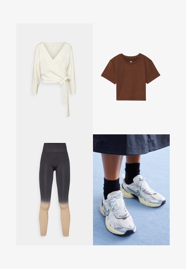 Witte, wikkelstijl trui van zacht, textuurstof. Heeft een diepe V-hals en lange mouwen met een strikdetail op de taille.; Bruine cropped t-shirt met ronde hals, korte mouwen en een gladde stoftextuur. Voorzien van minimale branding bij de halslijn.; Zwarte en beige ombre legging met een hoge tailleband. Gemaakt van een rekbaar materiaal, met een soepele textuur en een aansluitend ontwerp.; Witte en zilveren Nike sneakers van meshstof, met reflecterende accenten en een beige zool. Gedragen met zwarte sokken, staand op een blauwe ondergrond.