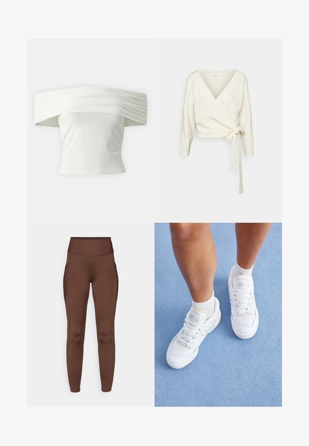 Maglione bianco avvolgente realizzato in un morbido tessuto testurizzato. Presenta un profondo scollo a V e maniche lunghe con un dettaglio a fiocco in vita.; Top bianco off-the-shoulder con scollatura plissettata e strutturata e corpino aderente. Realizzato in tessuto morbido con una consistenza liscia.; Leggings marroni elasticizzati con vita alta, dotati di tasche laterali e texture liscia. Il dettaglio delle cuciture valorizza la forma.; Gambe che indossano sneakers bianche New Balance e calze bianche, in piedi su un pavimento texturizzato di azzurro chiaro.