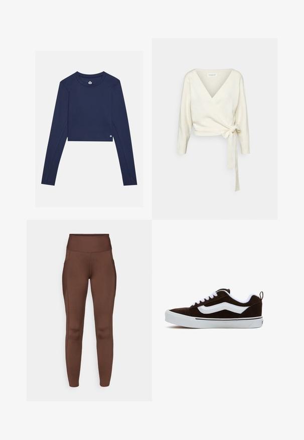 White, wrap-style sweater made of soft, textured fabric. Features a deep V-neck and long sleeves with a tie detail at the waist.; Navy long-sleeve cropped top made of smooth fabric, featuring a crew neckline and a small logo on the lower right side.; Brown stretchy leggings with a high waistband, featuring side pockets and smooth texture. Seam detail enhances shape.; Brown suede sneaker with white laces and side stripe, featuring a white rubber sole and black accent line. Simple design with rear pull tab.