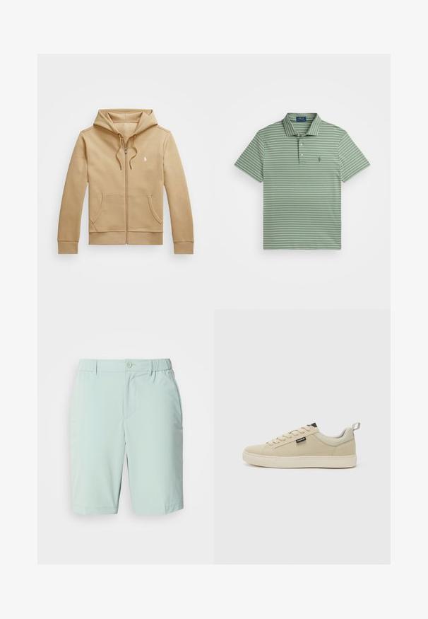 Hanorac crem cu fermoar, cu un glugă stratificată și șnururi, buzunare frontale, manșete ribbate și un logo alb mic pe piept. Textură netedă.; T-șirt polo verde cu dungi albe, mâneci scurte și o plachetă cu trei butoane. Are un mic logo pe pieptul stâng. Textură din amestec de bumbac.; Shorts de culoare albastru deschis, fabricate dintr-un material neted, cu un sistem de închidere cu nasture, buzunare frontale și un tiv confortabil, fără modele vizibile.; Tenisi bej cu un upper din material textil neted, vârf rotund, închidere cu șireturi și etichetă cu logo pe lateral. Talpa este groasă și concepută pentru confort.