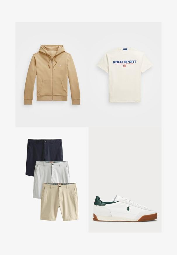 Hnědá mikina na zip s vrstvovou kapucí a šňůrkami, předními kapsami, ribovanými manžetami a malým bílým logem na hrudi. Hladký povrch.; Bílý bavlněný tričko s potiskem "POLO SPORT" v modré a červené barvě, s malou americkou vlajkou pod textem. Krátké rukávy, kulatý výstřih.; Tři páry šortek: námořnická modrá, světle šedá a béžová, všechny vyrobené z hladké tkaniny, s předními kapsami a knoflíkovým zapínáním.; Bílé tenisky se zelenými koženými akcenty a béžovou gumovou podrážkou. Vlastnosti zahrnují textilní tělo a výrazné logo na boku. Šněrovací design.