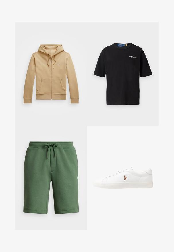 Hnedá mikina s kapucňou na zips, ktorá má viaceré vrstvy kapucne a šnúrky na stiahnutie, predné vrecká, rebrované manžety a malé biele logo na hrudi. Hladký povrch.; Čierne bavlnené tričko s krátkymi rukávmi, okrúhlym výstrihom a bielym logom na ľavej hrudi so textom "Polo Ralph Lauren".; Zelené bavlnené šortky s elastickým pásom, sťahovacou šnúrkou a bočnými vreckami. Na ľavom stehne je malé logo.; Biele kožené tenisky s nízkym strihom, s hladkou textúrou, okrúlym špičkou, šnurovaním vpredu a malým vyšitým logom na boku.