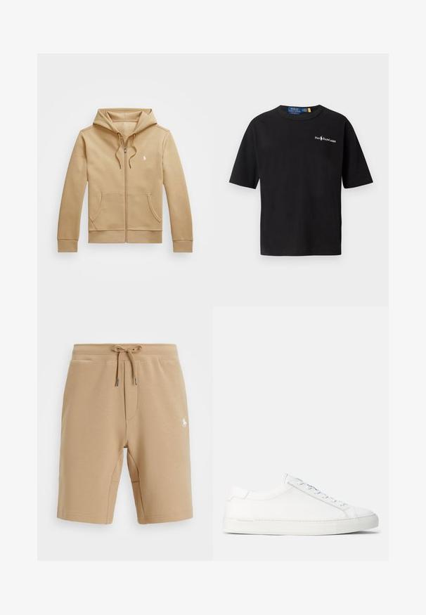 Sweatshirt com fecho éclair de tom bege, com capuz em camadas e cordões, bolsos frontais, punhos canelados e um pequeno logo branco no peito. Textura suave.; Camisa de algodão preta com mangas curtas, decote redondo e um logótipo branco no lado esquerdo do peito que apresenta o texto "Polo Ralph Lauren".; Calções de algodão bege com cintura elástica e cordão. Apresentam bolsos laterais e um pequeno logótipo branco na coxa esquerda.; Sneakers brancos em couro com textura suave, forma arredondada, sola de borracha plana e atacadores brancos. Apresenta um design minimalista e uma marca discreta.