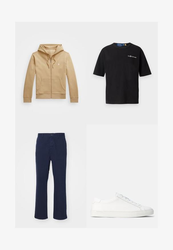 Tan zip-up hoodie with a layered hood and drawstrings, front pockets, ribbed cuffs, and a small white logo on the chest. Smooth texture.; Black cotton t-shirt with short sleeves, crew neck, and a white logo on the left chest featuring "Polo Ralph Lauren" text.; Navy blue cotton trousers with a straight leg design, featuring a front button closure and side pockets. Smooth texture with minimal detailing.; White leather sneakers with a smooth texture, rounded shape, flat rubber sole, and white laces. Features minimalistic design and subtle branding.