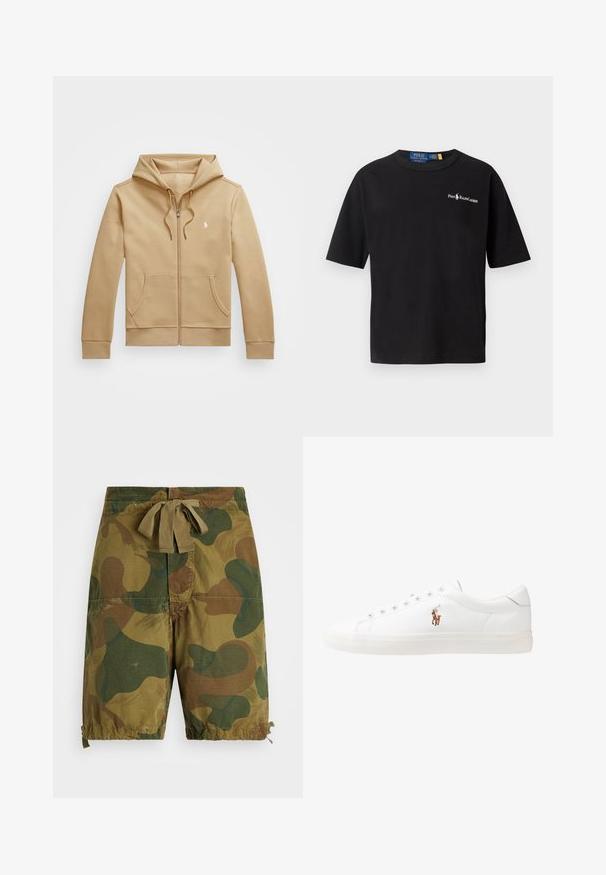 Tan zip-up hoodie met een gelaagde capuchon en trekkoorden, voorzakken, ribgebreide manchetten, en een klein wit logo op de borst. Soepele textuur.; Zwarte katoenen T-shirt met korte mouwen, ronde hals en een wit logo op de linkerborst met de tekst "Polo Ralph Lauren".; Camouflage shorts in tinten van groen en bruin, gemaakt van lichtgewicht stof, met een trekkoord in de taille en ge gathered hem details.; Witte leren sneakers, laag model, met een gladde textuur, ronde neus, vetersluiting aan de voorkant en een klein geborduurd logo aan de zijkant.
