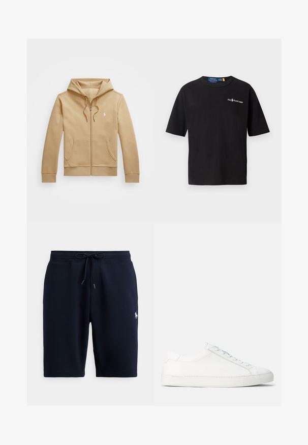 Smėlio spalvos užtrauktuku užsegamas džemperis su sluoksniuota kapišonu ir raišteliais, priekinėmis kišenėmis, elastingomis rankogaliais ir mažyte balta logotipu ant krūtinės. Lygus paviršius.; Juodas medvilninis marškinėliai trumpomis rankovėmis, apvaliu kaklu, su baltu logotipu kairėje krūtinės pusėje, kuriame užrašyta "Polo Ralph Lauren".; Tamsiai mėlyni medvilniniai sportiniai šortai su elastinga juosmens juosta, raišteliu ir logotipo akcentu kairėje pusėje. Lygus audinys, ilgio iki kelių.; Balti odiniai sportbačiai su lygiu paviršiumi, apvalia forma, plokščiu guminiu padu ir baltais raišteliais. Pasižymi minimalistiniu dizainu ir subtiliu ženklinimu.