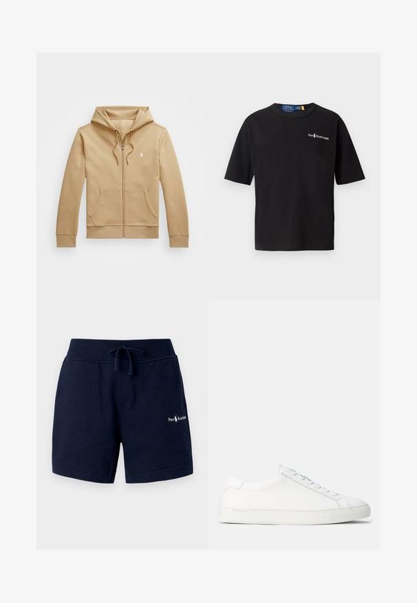 Sweatshirt com fecho éclair de tom bege, com capuz em camadas e cordões, bolsos frontais, punhos canelados e um pequeno logo branco no peito. Textura suave.; Camisa de algodão preta com mangas curtas, decote redondo e um logótipo branco no lado esquerdo do peito que apresenta o texto "Polo Ralph Lauren".; Calções de algodão azul-escuro com cintura elástica, cordão, bolsos laterais e logótipo bordado na perna esquerda. Textura suave.; Sneakers brancos em couro com textura suave, forma arredondada, sola de borracha plana e atacadores brancos. Apresenta um design minimalista e uma marca discreta.