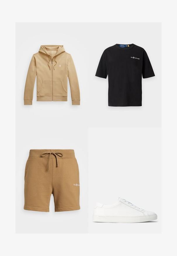 Hnědá mikina na zip s vrstvovou kapucí a šňůrkami, předními kapsami, ribovanými manžetami a malým bílým logem na hrudi. Hladký povrch.; Černé bavlněné tričko s krátkými rukávy, kulatým výstřihem a bílým logem na levé straně hrudi se textem "Polo Ralph Lauren".; Polo Ralph Lauren 16.5 CM RELAXED FIT LOGO FLEECE SHORT - Teplákové kalhoty - rustic tan; Bílé kožené tenisky s hladkým povrchem, zaobleným tvarem, plochou gumovou podrážkou a bílými tkaničkami. Mají minimalistický design a jemné logo.