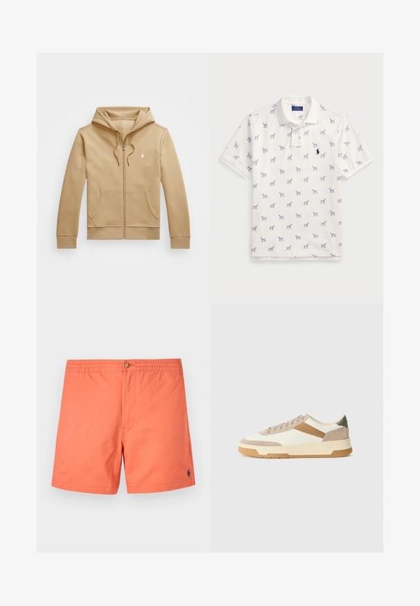 Beżowa bluza rozpinana z warstwowym kapturem i sznurkiem, przednie kieszenie, ściągacze przy mankietach oraz małe białe logo na klatce piersiowej. Gładka faktura.; Biała koszulka polo z bawełny, z powtarzającym się niebieskim wzorem psów i małym niebieskim logo na piersi. Krótkie rękawy i kołnierzyk.; Koralowe szorty kąpielowe, wykonane z lekkiego materiału, z elastycznym pasem z guzikiem, kieszeniami bocznymi oraz małym granatowym logo.; Sneakers w kolorze beżowym, kremowym i oliwkowym, wykonane z zamszu i skóry, z okrągłym noskiem, minimalistycznym designem oraz gumową podeszwą.