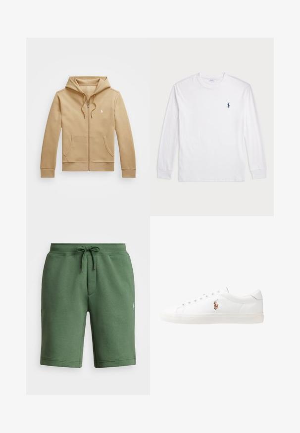 Tan zip-in gjenganger med lagdelt hette og snor, frontlommer, ribbede mansjetter, og en liten hvit logo på brystet. Glatt tekstur.; Hvit langermet T-skjorte laget av bomull. Har rund hals, ribbestrikkede mansjetter, og en liten marineblå polo-logo på venstre bryst.; Grønne bomullsshorts med elastisk midje, snorstenging og sidelommer. Har en liten logo på venstre ben.; Hvite lærsko, lavt design, med en glatt tekstur, rund tå, snøring foran, og en liten brodert logo på siden.