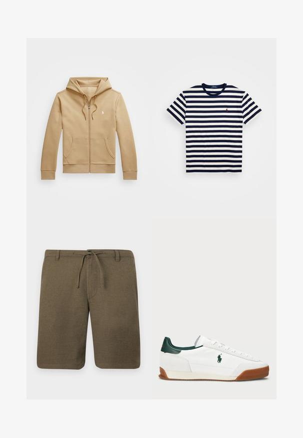 Barna zipzáras kapucnis pulóver, rétegezett kapucnival és húzókábellel, elülső zsebekkel, bordázott mandzsettákkal és egy kis fehér logóval a mellkasán. Simaság kedvező tapintás.; Tengeri és fehér csíkos, rövid ujjú póló, amely pamutból készült, kerek nyakkivágással és kis piros hímzett logóval a mellkason.; Olíva zöld len rövidnadrág lapos elülső résszel, zsinóros derékkal és oldalsó zsebekkel; texturált anyag, laza, kényelmes fazonnal.; Fehér sneaker zöld bőr részletekkel és homokszínű gumitalppal. Textilből készült, oldalt kiemelkedő logóval. Fűzős kialakítás.