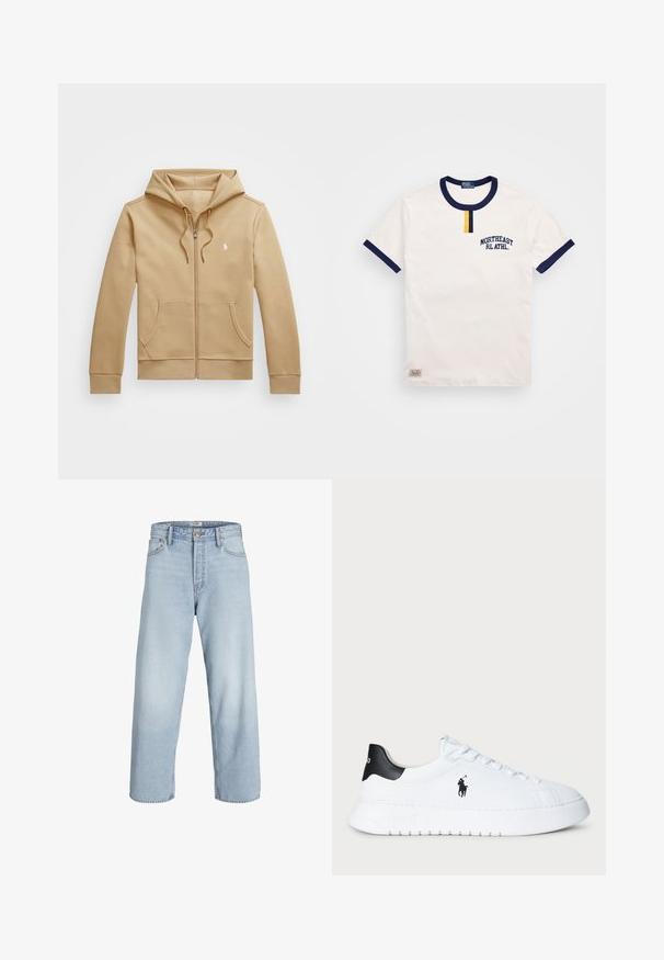 Hnědá mikina na zip s vrstvovou kapucí a šňůrkami, předními kapsami, ribovanými manžetami a malým bílým logem na hrudi. Hladký povrch.; Bílý bavlněný tričko s námořnickou modrou kulatou výstřih a akcenty na rukávech. Obsahuje malou žlutou knoflíkovou dekoraci a vyšitý nápis "NORTHEAST RL ATHL."; Světlé modré džíny z denimu s vysokým pasem, širokými nohavicemi a rovný střih. Obsahují klasické zapínání na knoflík a design s pěti kapsami.; Bílé nízké tenisky s černým patníkem a černým logem Polo Ralph Lauren na bocích, s bílými tkaničkami a silnou gumovou podrážkou.