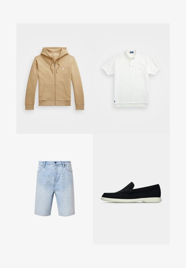 Smėlio spalvos užtrauktuku užsegamas džemperis su sluoksniuota kapišonu ir raišteliais, priekinėmis kišenėmis, elastingomis rankogaliais ir mažyte balta logotipu ant krūtinės. Lygus paviršius.; Balta polo marškiniai pagaminti iš medvilnės, su klasikiniais kraštais, trijų mygtukų sprandeliu ir kairiuoju krūtinės kišeniu; mažas logotipas apačioje.; Šviesiai mėlyni džinsiniai šortai su įprastu kirpimu, penkių kišenių dizainu ir sagčių užtrauktuku. Yra lengvas blukimas ir siuvinėta apdaila.; Juodas slip-on avalynė su apvaliu pirštu, turintis tekstūruotą paviršių, lygią baltą platformą ir subtilų prekės ženklą šone.