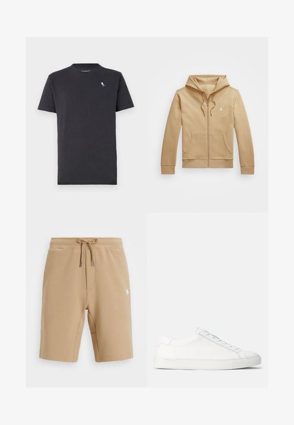 Bež zadrgo zaprtu jopico s slojevitim kapuco in vrvicami, sprednjimi žepi, rebrastimi manšetami in majhnim belim logotipom na prsih. Gladka tekstura.; Črna bombažna majica s kratkimi rokavi in okroglim ovratnikom, z majhnim barvitim ptičjim logotipom na levem prsnem delu.; Bež bombažne kratke hlače z elastičnim pasom in vrvico. Imajo stranske žepe in majhen bel logotip na levem stegnu.; Bele usnjene superge z gladko teksturo, zaobljeno obliko, ravnim gumijastim podplatom in belimi vezalkami. Imajo minimalističen dizajn in subtilno blagovno znamko.