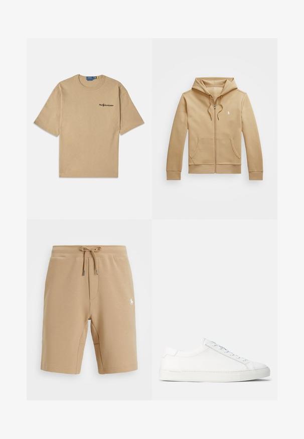 Sweatshirt com fecho éclair de tom bege, com capuz em camadas e cordões, bolsos frontais, punhos canelados e um pequeno logo branco no peito. Textura suave.; T-shirt de algodão bege com mangas curtas, decote redondo e um pequeno logo preto na área do peito esquerdo. Textura suave.; Calções de algodão bege com cintura elástica e cordão. Apresentam bolsos laterais e um pequeno logótipo branco na coxa esquerda.; Sneakers brancos em couro com textura suave, forma arredondada, sola de borracha plana e atacadores brancos. Apresenta um design minimalista e uma marca discreta.