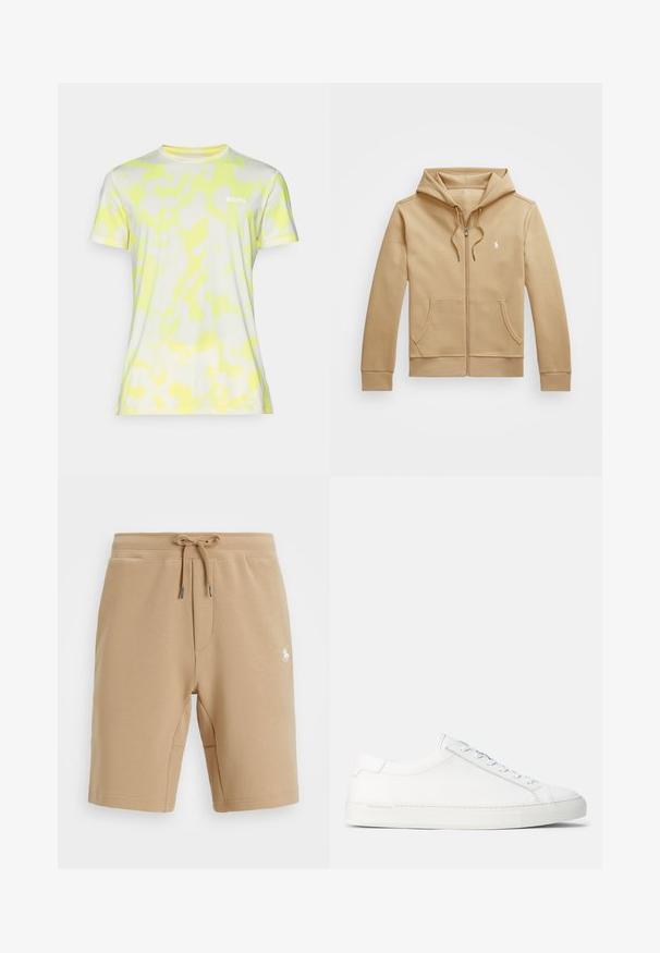 Tan zip-up hoodie met een gelaagde capuchon en trekkoorden, voorzakken, ribgebreide manchetten, en een klein wit logo op de borst. Soepele textuur.; Korte mouwen, slimfit t-shirt van lichtgewicht stof met een witte basis en gele abstracte patronen, evenals een klein "BORG" logo op de borst.; Beige katoenen shorts met elastische tailleband en trekkoord. Beschikt over zijzakken en een klein wit logo op de linkerdij.; Witte leren sneakers met een gladde textuur, ronde vorm, platte rubberen zool en witte veters. Heeft een minimalistisch ontwerp en subtiele branding.