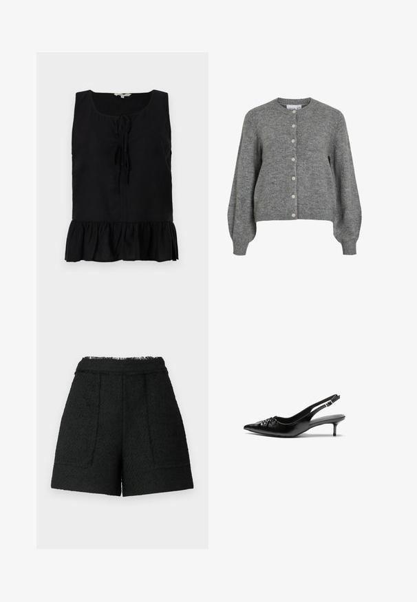 Grijze gebreide cardigan met ronde hals, lange puffmouwen, geribde manchetten en zoom, en een voor sluiting met zeven witte knopen.; Zwarte mouwloze top met een ronde hals, voorstrik en een rimpelige onderrand. Gemaakt van lichtgewicht stof met een gladde textuur.; Witte t-shirt met korte mouwen, gemaakt van ribgewoven katoen. Aansluitend ontwerp met een ronde hals en een soepele textuur. Geen patronen of versieringen.; Zwarte shorts van textuurstof met een rafelige zoom, voorzien van twee voorzakken en een getailleerde pasvorm.; Zwarte leren slingback hakken met een spitse neus, kleine kittenhak en een decoratieve knoopdetail aan de voorkant. Smooth textuur overal.