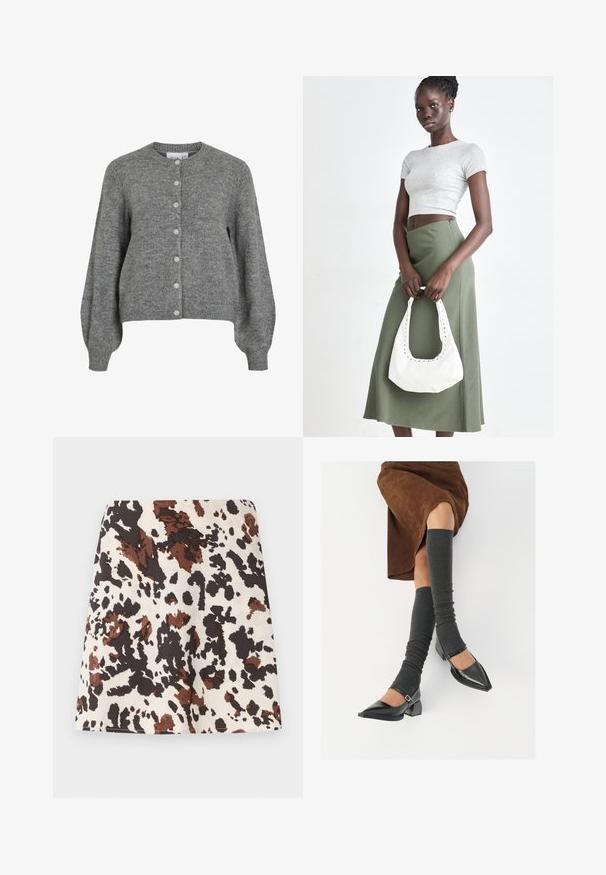 Grå strikket cardigan med rund hals, lange puffede ærmer, ribbede manchetter og kant, foran knaplukning med syv hvide knapper.; Hvid kortærmet t-shirt lavet af ribbet bomuldsstof. Tætsiddende design med rund hals og en glat tekstur. Ingen mønstre eller udsmykninger.; Kort nederdel med et mønster af køer i creme, brun og sort. Fremstillet af blødt stof; har en lige, tætsiddende design og let stræk.; Sorte patenterede lædersko med spids tå, blokhæl og ankelrem, kombineret med grå ribbede benvarmere og en brun ruskinds nederdel.; Grå ribbet crop top og olivengrøn højhøjdet nederdel. Modellen holder en hvid skuldertaske med udskæringsdetaljer. Enkel design, tætsiddende silhuet.