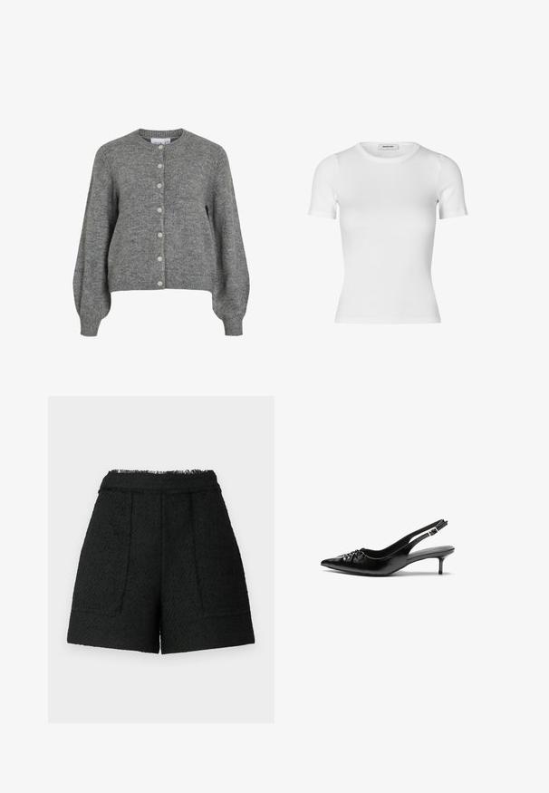 Grå strikket cardigan med rund hals, lange puffermer, ribbede mansjetter og nederkant, foran knapping med syv hvite knapper.; Hvit kortermet t-skjorte laget av ribbet bomullsstoff. Fitted design med rund hals og en jevn tekstur. Ingen mønstre eller utsmykninger.; Sorte shorts laget av teksturert stoff med en frynset kant, har to frontlommer og en skreddersydd passform.; Sorte skinnert remsandaler med spiss tå, liten kittenhæl og en dekorativ knute detalj foran. Glatt tekstur gjennom hele.
