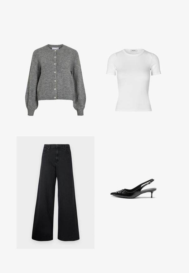 Szürke kötött kardigán kerek nyakkal, hosszú puffos ujjal, bordázott mandzsettával és szegéllyel, elöl gombos záródással, hét fehér gombbal.; Fehér, rövid ujjú póló bordás pamutból. Testhezálló fazon, kerek nyakkivágással és sima felülettel. Nincsenek minták vagy díszítések.; Fekete, bőszárú farmernadrág magas derékkal és elülső gombzárással, egy sima háttér előtt bemutatva.; Fekete bőrből készült slingback magassarkú cipők hegyes orral, kis francia sarokkal és díszes csomóval az elején. Az egész felületen sima textúra.