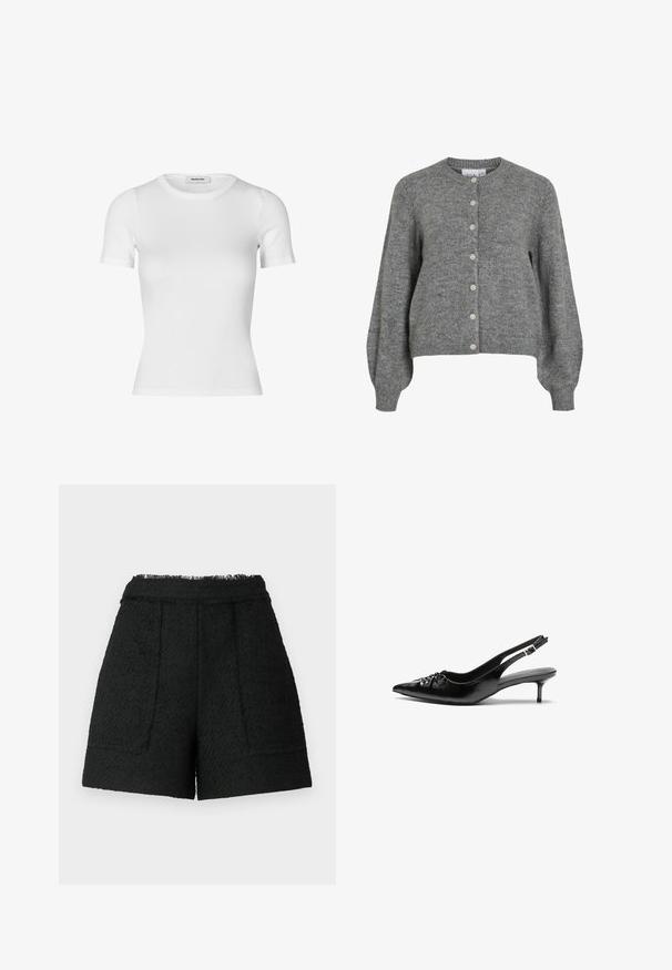 Grey knitted cardigan with round neck, long puffed sleeves, ribbed cuffs and hem, front button closure with seven white buttons.; White short-sleeve t-shirt made of ribbed cotton fabric. Fitted design with a crew neckline and a smooth texture. No patterns or embellishments.; Black shorts made of textured fabric with a frayed hem, featuring two front pockets and a tailored fit.; Black leather slingback heels with a pointed toe, small kitten heel, and a decorative knot detail on the front. Smooth texture throughout.
